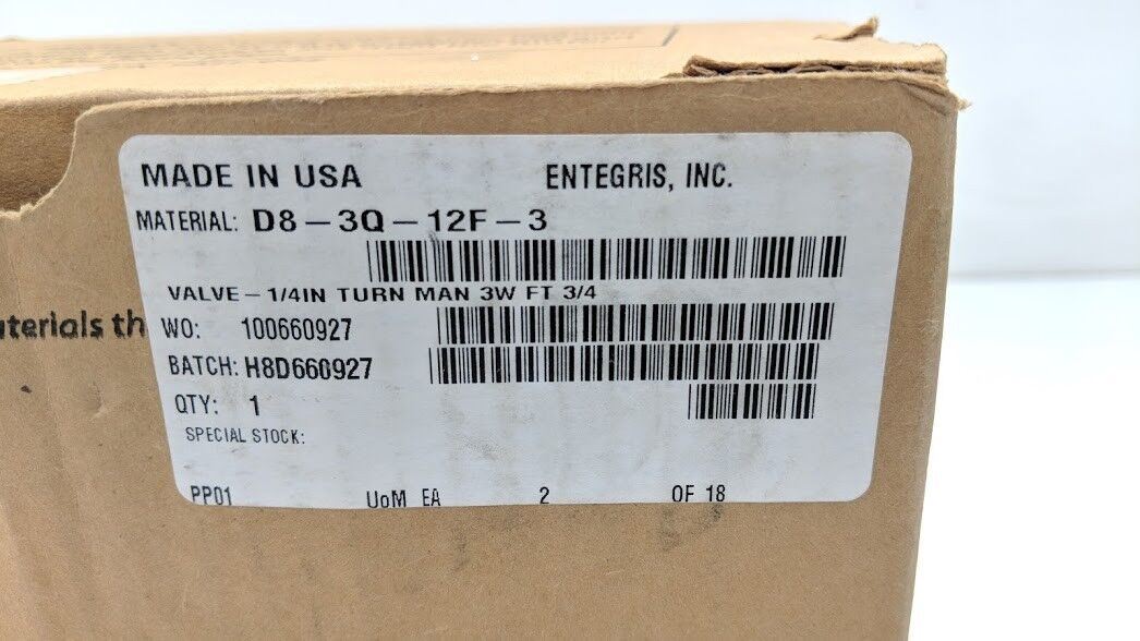 Entegris Fluoroware D8-3Q-12F-3 Manual 3-Way Valve 1/4 Turn 1/2" Orifice - NIB