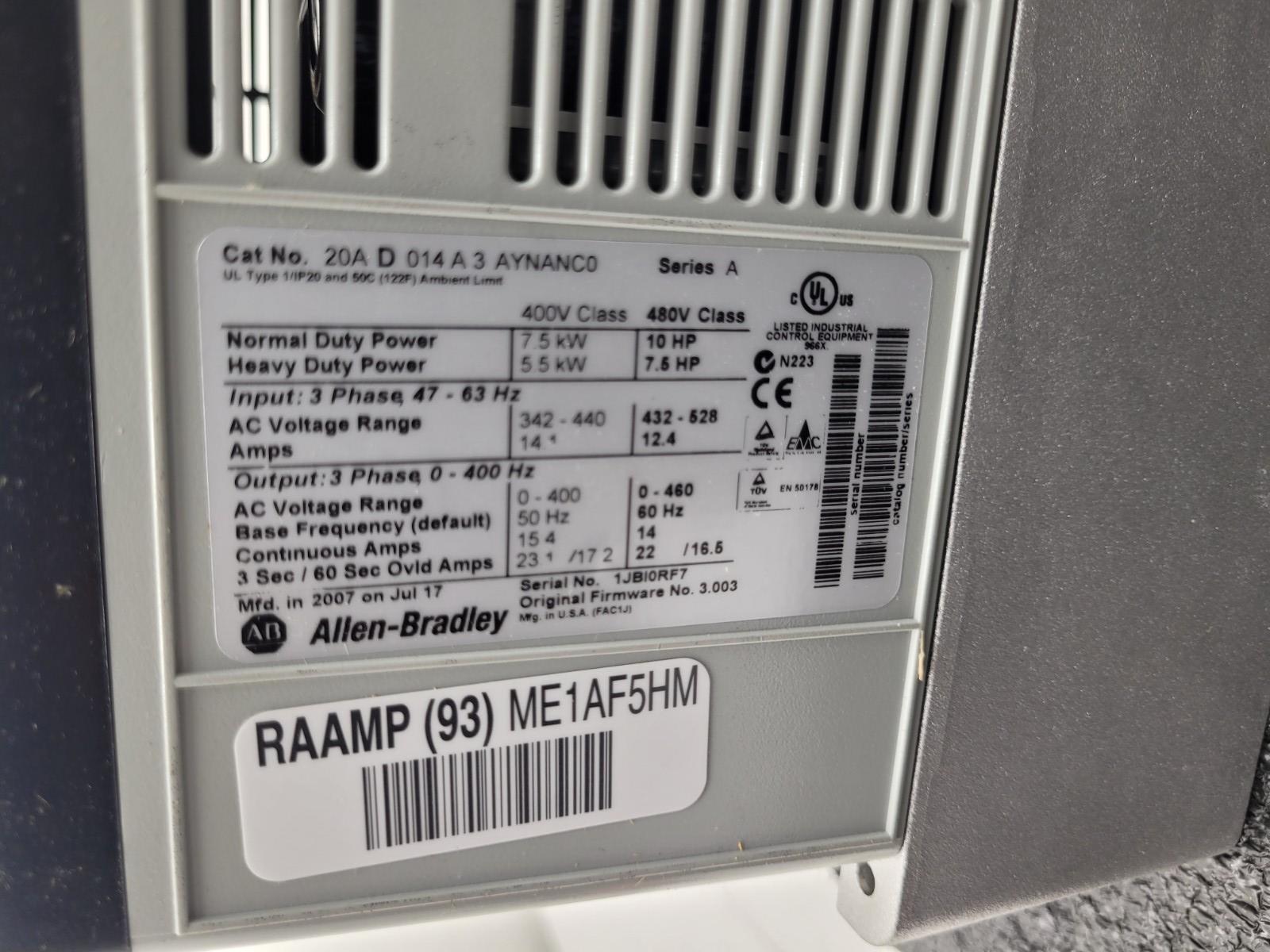 20AD014A0AYNANC0 Allen-Bradley PowerFlex 70 AC Motor VFD Drive 10HP 3PH 480V