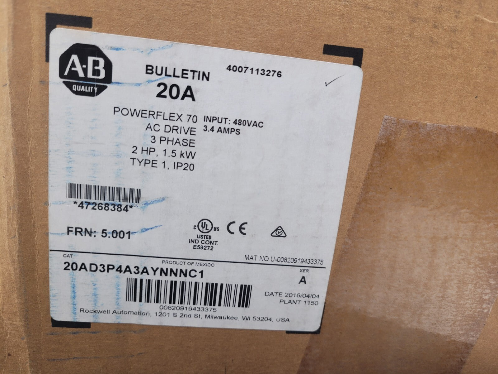 20AD3P4A3AYNNNC1 Allen bradley powerflex 70/3phase ac ,2hp,1.5kw,480VAC.
