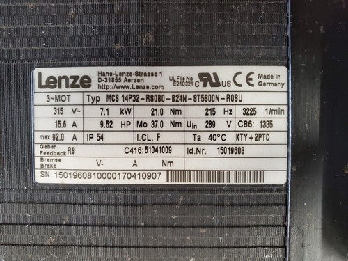 Lenze MCS 14P32-R80B0-B24N-8T5800N-R08U 7.1kW 9.5HP 3PH Servo Motor Working "B"