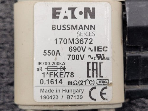 Lot of 3x Eaton Bussman High Speed Fuse-Link Fuse 170M3672 Relay 550A 690-700V