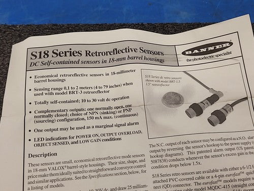 Banner Engineering S18SN6L Photoelectric Sensor Retroreflective EZ-BEAM 29511