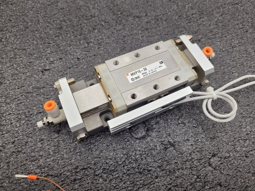 SMC MXP16-30 100PSI Linear Slide Guide Cylinder w/ D-F9B Sensors, Stops Unit C