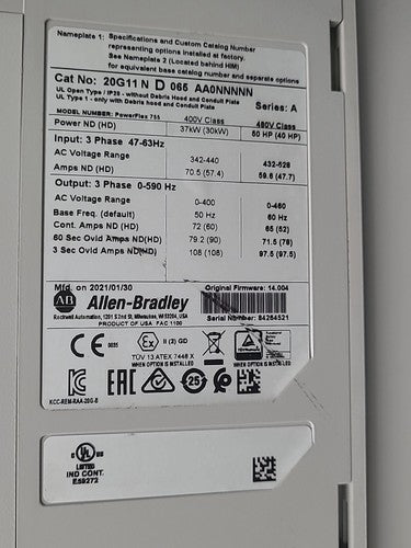 Allen Bradley PowerFlex 755 VFD AC Drive 20G11ND065AA0NNNN 2021 50HP 37kW 480VAC