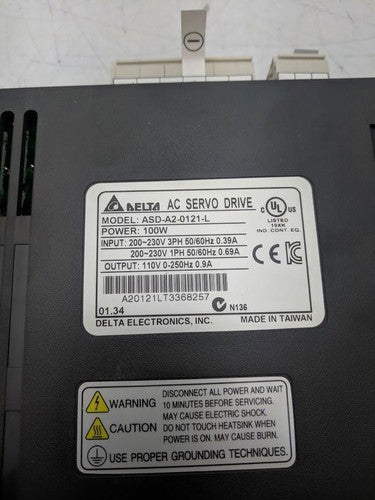 Delta AC Servo Drive ASD-A2-0121-L 100W 220V 1PH Input 110V 0-250Hz Output