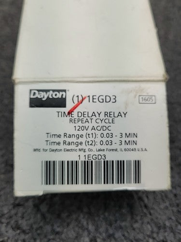 Dayton 1EGD3 Time Delay Relay Repeat Cycle 120V AC/DC t1 t2 0.03 - 3 Min No Base
