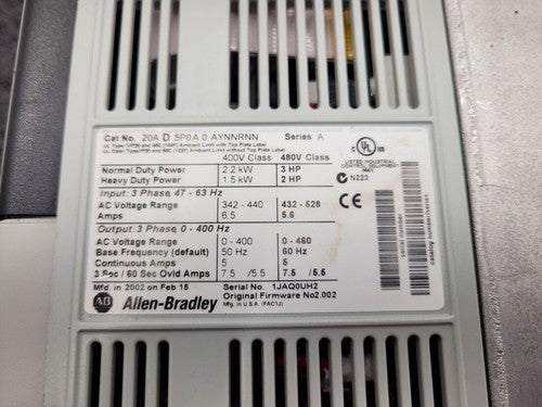Allen Bradley 20AD5P0A0AYNNRNN /A PowerFlex 70 480V 3HP AC VFD Motor Drive