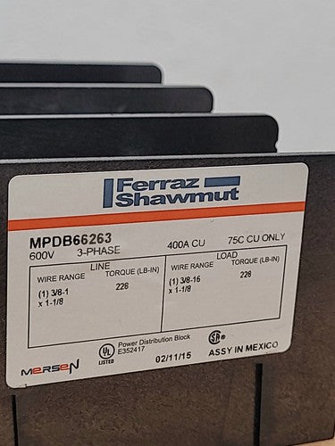 Ferraz Shawmut Mersen MPDB66263 Power Distribution Block 400A CU 600V 3PH