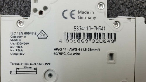 SIEMENS 5SJ4110-7HG41 Circuit Breaker 5SJ41, 10A, 240 V, 50/60Hz Type HSJ 1-Pole