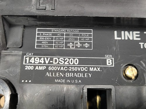 Allen Bradley 1494V-DS200 Ser B Fused Disconnect Switch 3 Pole 3PH 200A 600VAC