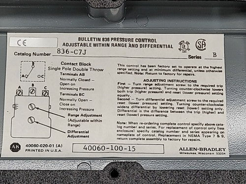 Allen Bradley 836 Differential Pressure Control Switch Sensor Bulletin 836-C7J