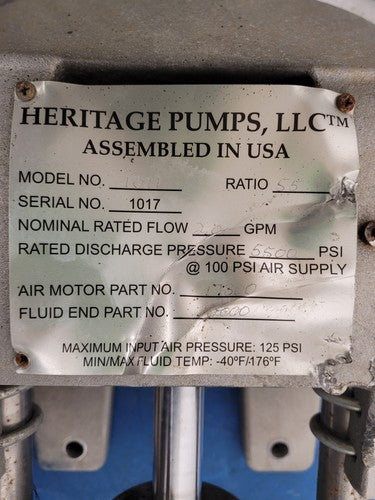 Heritage Pumps 1011 Air Driven High Pressure Pump 55:1 Ratio Grease Lubricant A7