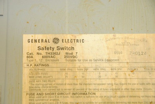 GE TH3362J Disconnect Switch, 600VAC, 250VDC, 60A