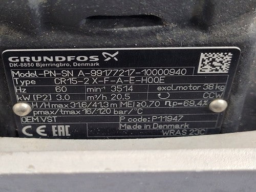 Grudfos CR15-2X-F-A-E-HQQE Never Used 3kW Virtical Multistage Centrifugal Pump