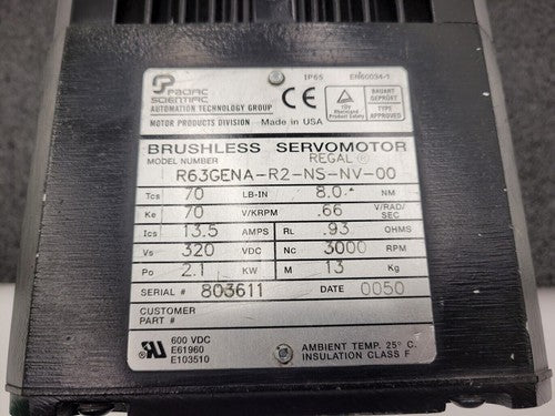 Pacific Scientific R63GENA-R2-NS-NV-00 3000RPM Brushless DC Servo Motor 2.1kW