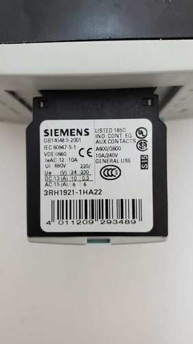 SIEMENS SIRIUS 3RT1046-1AL24 Contactor 95A 400V 230VAC 50/60Hz w/ 3RH1921-1HA22