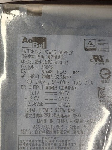 ACBel 1000w Disk Array JBOD Power Supply PFRUVE02-01 81-00000109-00-01 SGC002