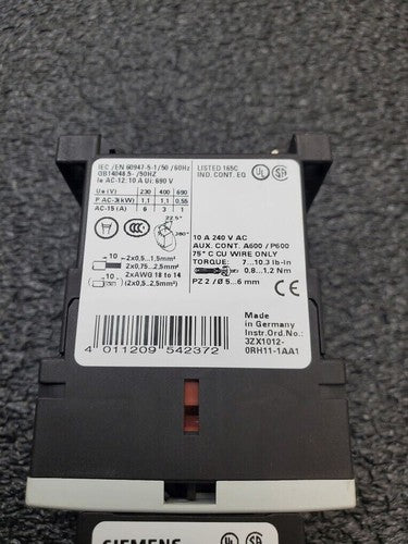 Siemens 3RH1271-1BB40 3PH Control Contactor Relay 24V DC Coil Size S00 DIN Rail