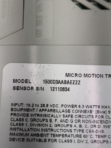 Micro Motion 1500D3AABAEZZZ Flow Transmitter 24VDC P/N 20000742 S/N 25642138