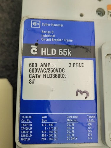 Cutler Hammer HLD 65k Circuit Breaker Frame 3 Pole 600V Thermal Magnetic Trip A