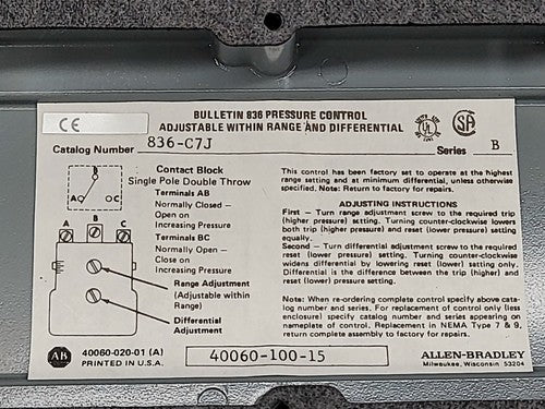 Allen Bradley 836 Differential Pressure Control Switch Sensor Bulletin 836-C7J
