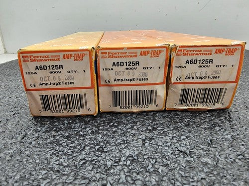 Lot of 3x FERRAZ Shawmut A6D125R FUSE 600V, 125AMP HRC type fuse