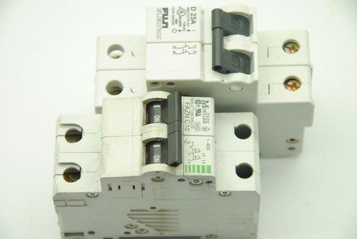 Lot of 2, 2-Pole Circuit Breakers, FUJI CP6 2DU25 D-25A & MOELLER FAZN C10