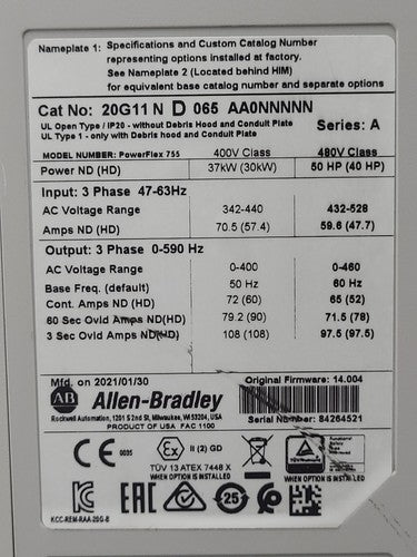 Allen Bradley PowerFlex 755 VFD AC Drive 20G11ND065AA0NNNN 2021 50HP 37kW 480VAC
