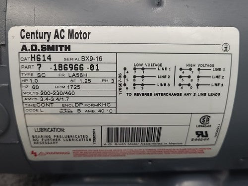 A.O. Smith Century AC Motor H614 1HP 1725 RPM BX9-16 Industrial Electric Motor
