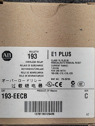 Allen Bradley 193-EECB E1 Plus Overload Relay Ser C Adjustable Current 1.0-5.0A