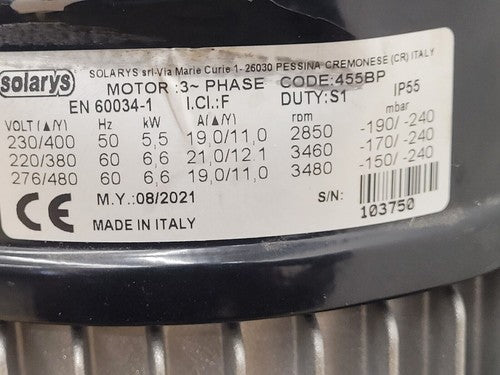 Solarys Regenerative Blower  455 BP 50/60Hz 230-480VAC 3PH 5.5-6.6kW 8HP