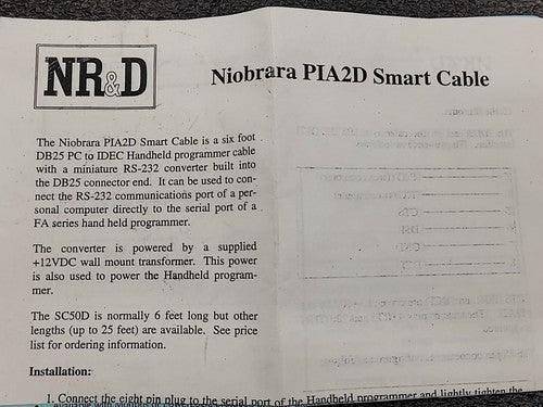 NR&D Niobrara PIA2D SC50D Smart Cable DB25 PC To RS-232 IDEC Handheld Programmer