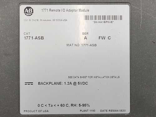 1771-ASB Ser A Allen Bradley PLC 5 Remote I/O adapter 1771ASB Reman 0820