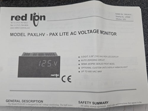 Red Lion PAXLHV Pax Lite AC Voltage Monitor Digital Panel Meter 600 VAC LED
