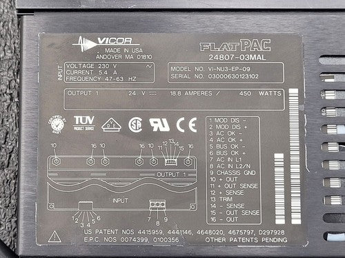 VICOR FLATPAC VI-NU3-EP-09 Switching Power Supply 230VAC Input 24VDC 18A Output