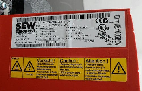 SEW EURODRIVE MOVITRAC B MC07B0004-2B1-4-00 230V 1PH .37kW 0.50HP AC 2.5A
