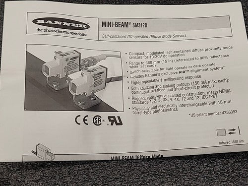 Banner SM312DQD Mini Beam Photoelectric Sensor Diffuse Mode 10-30V DC
