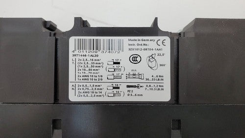 SIEMENS SIRIUS 3RT1446-1AL20 Contactor 140A 400V 230VAC 50/60Hz w/ 3RH1921-1HA22