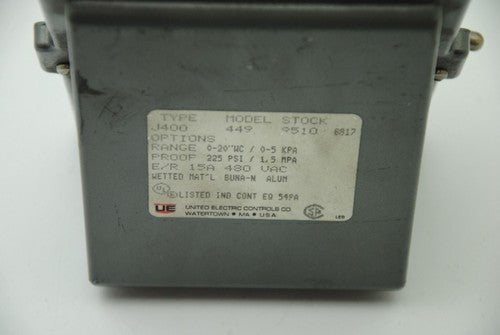 United Electric Controls 449, Pressure Switch, 225-PSI Proof, 15A 480VAC