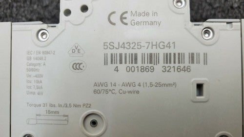 SIEMENS 5SJ4325-7HG41 Circuit Breaker 5SJ43, 25A, 240 V, 50/60Hz Type HSJ 3-Pole