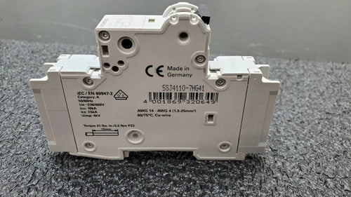 SIEMENS 5SJ4110-7HG41 Circuit Breaker 5SJ41, 10A, 240 V, 50/60Hz Type HSJ 1-Pole