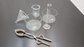 Lot of Pyrex Kimax VWR Borosilicate Glass Cylinder, Beaker, Funnel, Dish, Tongs