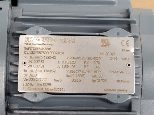SEW-EURODRIVE SA47/T DRS71S4BE05 Right Angle Gearmotor Thru Shaft 32:1 Ratio