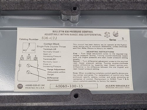 Allen Bradley 836-C7J Pressure Control Switch Bulletin 836 Series B Adjustable