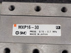 SMC MXP16-30 100PSI Linear Slide Guide Cylinder w/ D-F9B Sensors, Stops Unit C