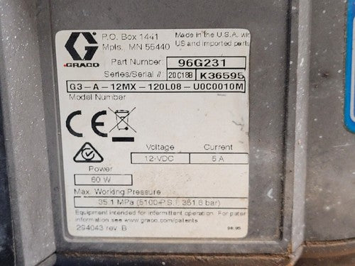 GRACO G3 Lubrication Pump 96G231 G3-A-12MX-120L08 12VDC 5100 PSI Working Pull A
