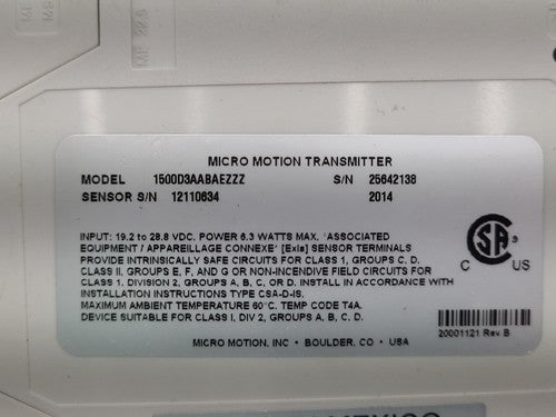 Micro Motion 1500D3AABAEZZZ Flow Transmitter 24VDC P/N 20000742 S/N 25642138