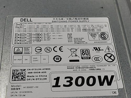 Dell 1300W Power Supply H1300EF-02 DP/N 0T31JM PSU Server Workstation