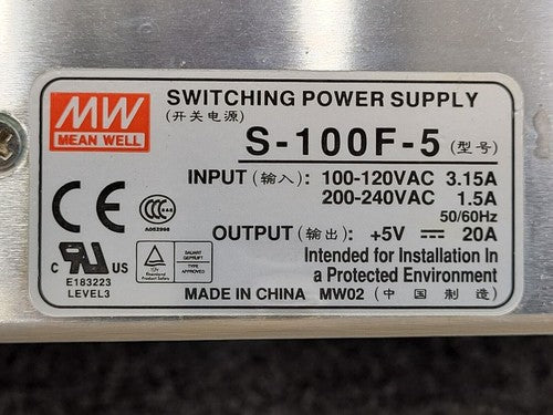 MEAN WELL S-100F-5 DC Switching Power Supply 100-240VAC Input 5VDC 20A Output