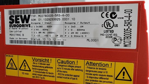 SEW EURODRIVE MOVITRAC B MC07B0005-5A3-4-00 400V 3PH .55kW 0.74HP AC 2.0A